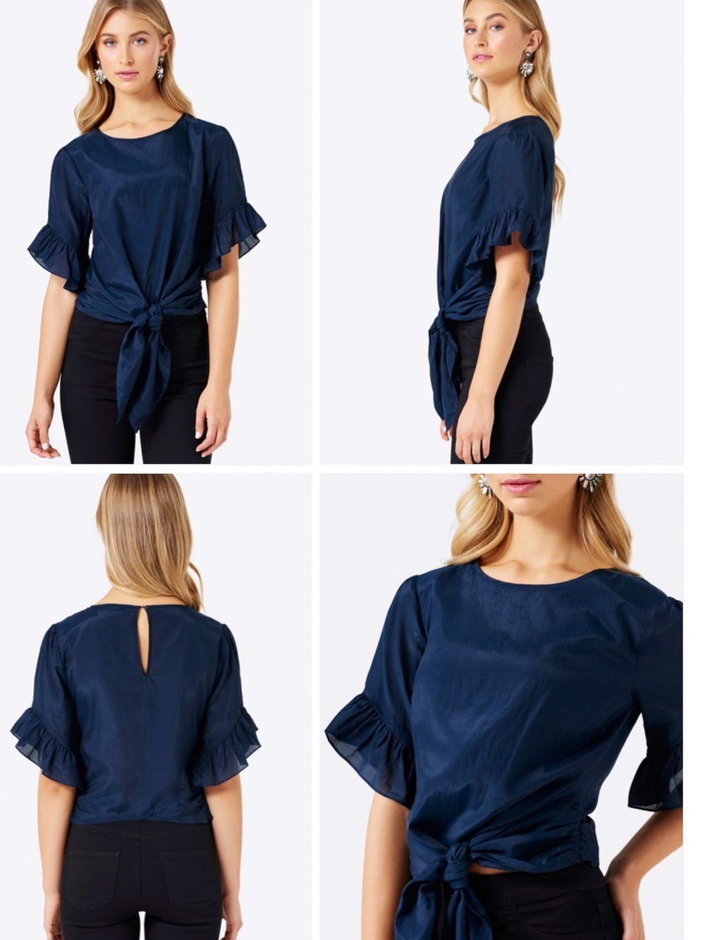Ever New   ( Forever  News) Navy  Tie-Front Ruffle Sleeve Blouse